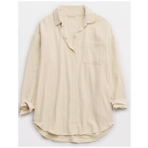 Aerie Women's Gauze or Waffle Knit Oversized Button Front Shirt Top Beige Small